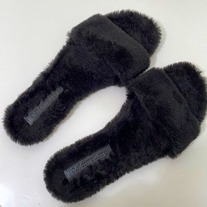 Reformation black fuzzy sandals